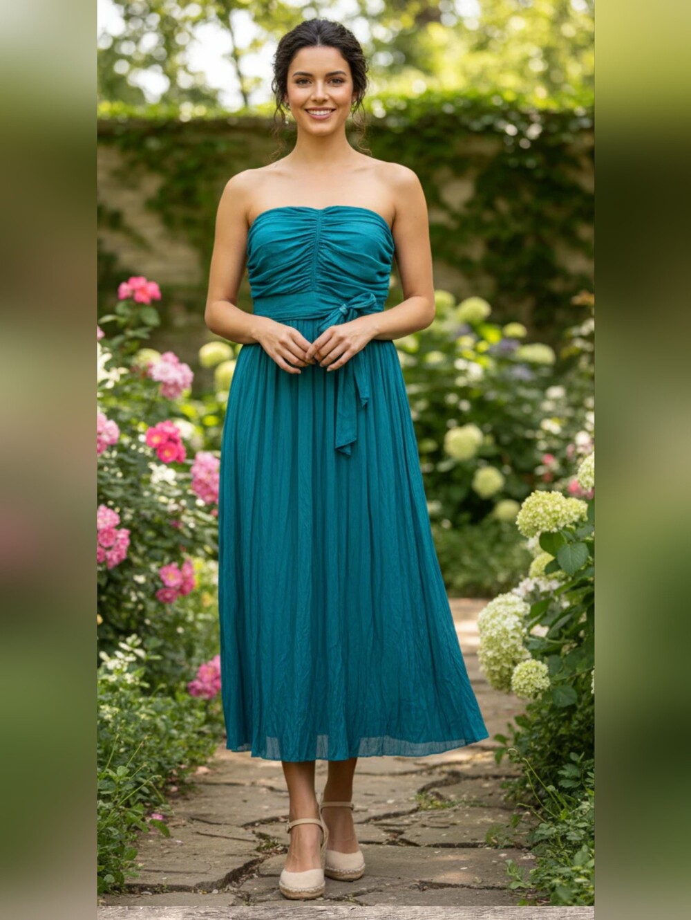 WHBM  Strapless Teal Midi Dress with Waist Tie SIZE 8